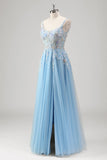 Light Blue A Line Spaghetti Straps Corset Floral Appliqued Formal Dress with Slit