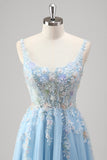 Light Blue A Line Spaghetti Straps Corset Floral Appliqued Formal Dress with Slit