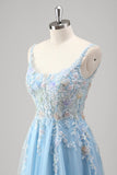 Light Blue A Line Spaghetti Straps Corset Floral Appliqued Formal Dress with Slit