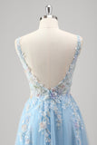 Light Blue A Line Spaghetti Straps Corset Floral Appliqued Formal Dress with Slit