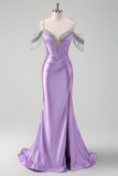 Sparkly Lilac Mermaid Cold Shoulder Tassels Satin Beaded Long Formal Dress with Slit