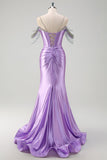 Sparkly Lilac Mermaid Cold Shoulder Tassels Satin Beaded Long Formal Dress with Slit