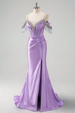 Sparkly Lilac Mermaid Cold Shoulder Tassels Satin Beaded Long Formal Dress with Slit