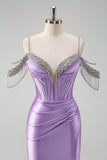 Sparkly Lilac Mermaid Cold Shoulder Tassels Satin Beaded Long Formal Dress with Slit