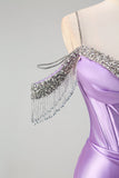 Sparkly Lilac Mermaid Cold Shoulder Tassels Satin Beaded Long Formal Dress with Slit