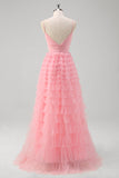 Pink A Line Spaghetti Straps Tulle Tiered Long Formal Dress