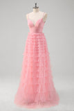 Pink A Line Spaghetti Straps Tulle Tiered Long Formal Dress