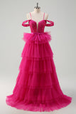 Hot Pink Cold Shoulder A-Line Tulle Tiered Long Formal Dress with Appliques