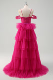 Hot Pink Cold Shoulder A-Line Tulle Tiered Long Formal Dress with Appliques