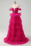 Hot Pink Cold Shoulder A-Line Tulle Tiered Long Formal Dress with Appliques