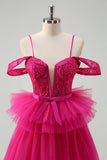 Hot Pink Cold Shoulder A-Line Tulle Tiered Long Formal Dress with Appliques