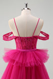 Hot Pink Cold Shoulder A-Line Tulle Tiered Long Formal Dress with Appliques