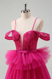 Hot Pink Cold Shoulder A-Line Tulle Tiered Long Formal Dress with Appliques