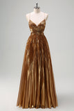 Sparkly Golden A-Line Spaghetti Straps Cut Out Ruched Metallic Long Formal Dress