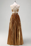 Sparkly Golden A-Line Spaghetti Straps Cut Out Ruched Metallic Long Formal Dress