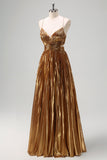 Sparkly Golden A-Line Spaghetti Straps Cut Out Ruched Metallic Long Formal Dress