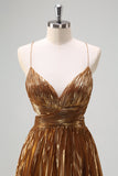 Sparkly Golden A-Line Spaghetti Straps Cut Out Ruched Metallic Long Formal Dress