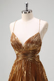 Sparkly Golden A-Line Spaghetti Straps Cut Out Ruched Metallic Long Formal Dress