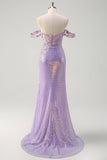 Sparkly Light Purple Mermaid Off The Shoulder Sequin Formal Dress with Slit