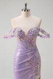 Sparkly Light Purple Mermaid Off The Shoulder Sequin Formal Dress with Slit