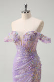 Sparkly Light Purple Mermaid Off The Shoulder Sequin Formal Dress with Slit