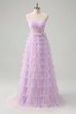 Light Purple A-Line Tiered Corset Sheer Long Prom Dress