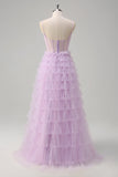 Light Purple A-Line Tiered Corset Sheer Long Prom Dress