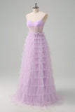 Light Purple A-Line Tiered Corset Sheer Long Prom Dress