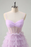 Light Purple A-Line Tiered Corset Sheer Long Prom Dress