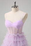 Light Purple A-Line Tiered Corset Sheer Long Prom Dress