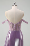 Light Purple Off The Shoulder Watteau Train Mermaid Corset Metallic Prom Dress