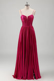 Fuchsia A Line Spaghetti Straps Corset Pleated Formal Dress with Lace Up Back