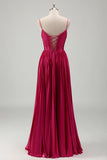 Fuchsia A Line Spaghetti Straps Corset Pleated Formal Dress with Lace Up Back