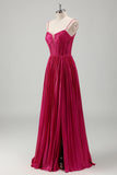 Fuchsia A Line Spaghetti Straps Corset Pleated Formal Dress with Lace Up Back