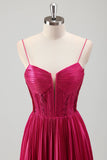 Fuchsia A Line Spaghetti Straps Corset Pleated Formal Dress with Lace Up Back