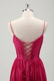 Fuchsia A Line Spaghetti Straps Corset Pleated Formal Dress with Lace Up Back