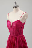 Fuchsia A Line Spaghetti Straps Corset Pleated Formal Dress with Lace Up Back