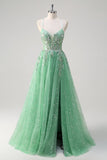 Sparkly Light Green A Line Spaghetti Straps Corset Tulle Formal Dress with Slit