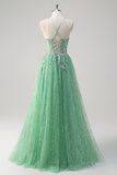 Sparkly Light Green A Line Spaghetti Straps Corset Tulle Formal Dress with Slit