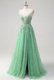 Sparkly Light Green A Line Spaghetti Straps Corset Tulle Formal Dress with Slit