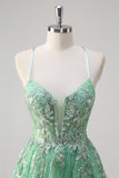 Sparkly Light Green A Line Spaghetti Straps Corset Tulle Formal Dress with Slit