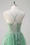 Sparkly Light Green A Line Spaghetti Straps Corset Tulle Formal Dress with Slit