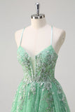 Sparkly Light Green A Line Spaghetti Straps Corset Tulle Formal Dress with Slit