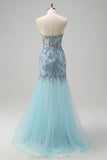 Sparkly Light Blue Mermaid Strapless Corset Long Beaded Prom Dress With Slit