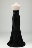 Sparkly Black Mermaid Strapless Corset Appliques Long Formal Dress with Slit