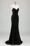 Sparkly Black Mermaid Strapless Corset Appliques Long Formal Dress with Slit