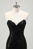 Sparkly Black Mermaid Strapless Corset Appliques Long Formal Dress with Slit