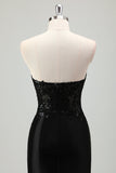 Sparkly Black Mermaid Strapless Corset Appliques Long Formal Dress with Slit