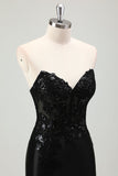 Sparkly Black Mermaid Strapless Corset Appliques Long Formal Dress with Slit