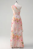 Peach Floral Printed One Shoulder Long Formal Dress